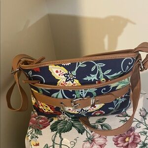 Rosetti Navy Floral Shoulder Bag with Tan Straps